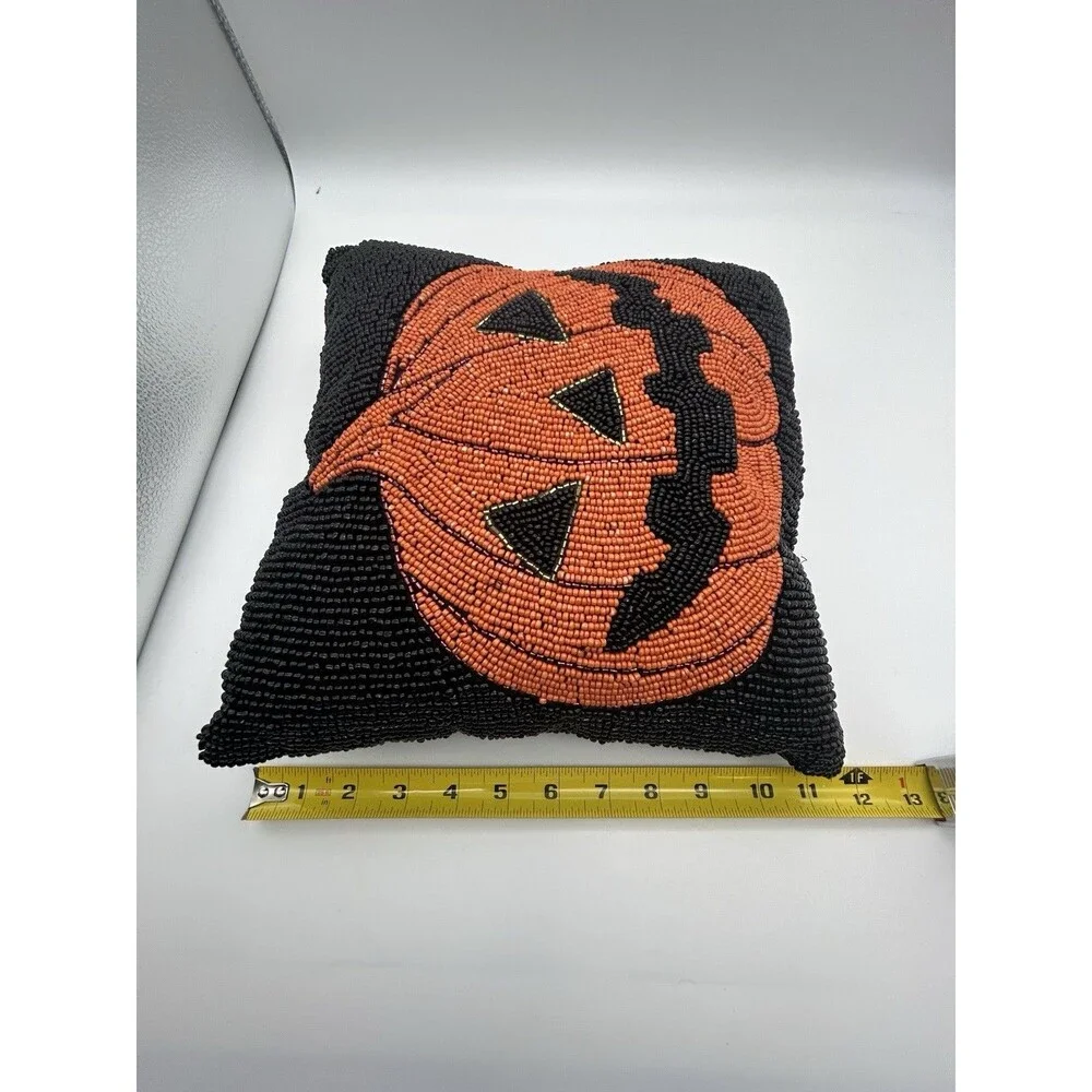 Beaded Jack O’Lantern Pumpkin Pillow 12x12 Handmade Halloween Decor Heavy